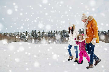 Image showing happy family in winter clothes walking outdoors