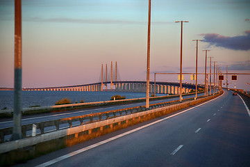 Image showing View on Oresund bridge between Sweden and Denmark at sunset