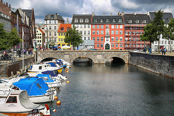 Image showing COPENHAGEN, DENMARK - AUGUST 14, 2016: View of canal, boat with 