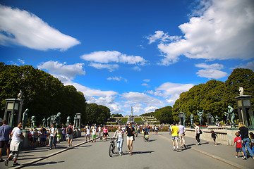 Image showing EDITORIAL OSLO, NORWAY - AUGUST 18, 2016: Many tourist walk Vige