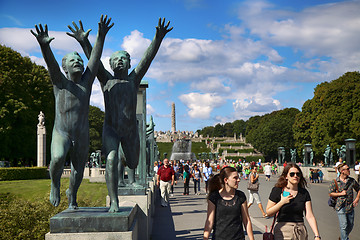 Image showing EDITORIAL OSLO, NORWAY - AUGUST 18, 2016: Many tourist walk Vige