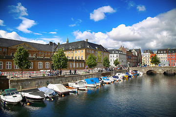 Image showing COPENHAGEN, DENMARK - AUGUST 14, 2016: View of canal, boat with 