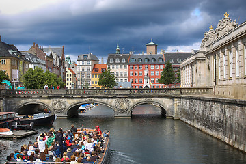 Image showing COPENHAGEN, DENMARK - AUGUST 14, 2016: View of canal, boat with 