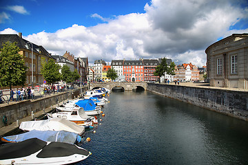 Image showing COPENHAGEN, DENMARK - AUGUST 14, 2016: View of canal, boat with 