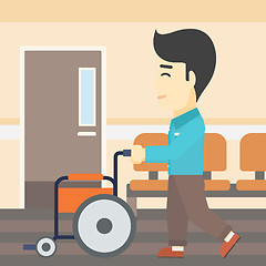 Image showing Man pushing wheelchair vector illustration.