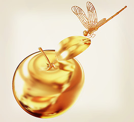 Image showing Dragonfly on gold apples. 3D illustration. Vintage style.