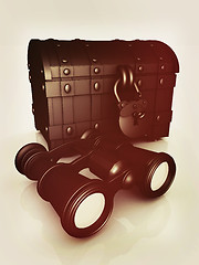 Image showing binoculars and chest. 3D illustration. Vintage style.