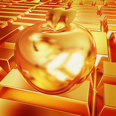 Image showing golden apple on the gold bars background. 3D illustration. Vinta