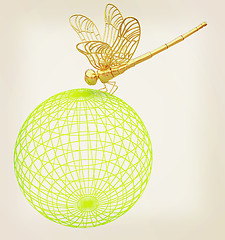 Image showing Dragonfly on abstract design sphere. 3D illustration. Vintage st