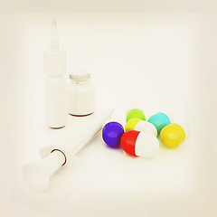 Image showing Syringe, tablet, pill jar. 3D illustration. 3D illustration. Vin