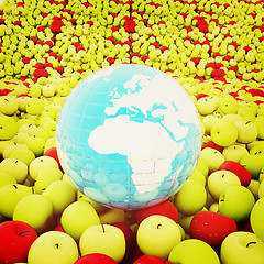Image showing apples background and Earth. Global concept Thanksgiving Day. 3D