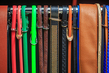 Image showing Collection of Colorful  Belts on Rack 