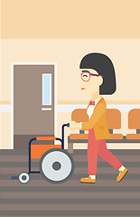 Image showing Woman pushing wheelchair vector illustration.