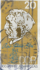 Image showing EAST GERMANY - CIRCA 1984: a stamp printed in GDR showing a portrait of Otto Schott, Chemist and Inventor of Borosilicate Glass, Jena Glass Centenary, circa 1984