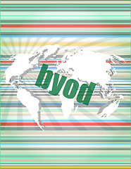 Image showing byod word on digital screen, mission control interface hi technology vector quotation marks with thin line speech bubble. concept of citation, info, testimonials, notice, textbox. flat style design 