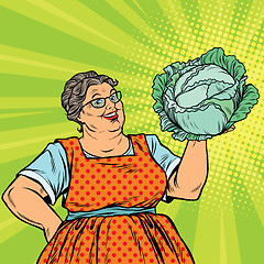 Image showing Smiling retro old woman with a head of green cabbage