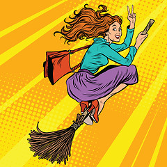 Image showing Beautiful woman witch flying on a broom