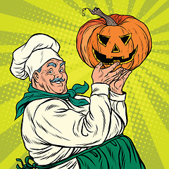 Image showing Retro cook with pumpkin Halloween