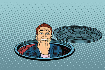 Image showing scared retro man in the manhole