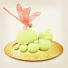 Image showing Dragonfly on apple on Serving dome or Cloche. Natural eating con