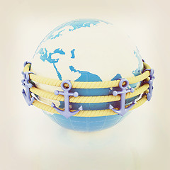 Image showing Design fence of anchors on the ropes and Earth in the center. 3D