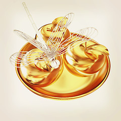 Image showing Dragonfly on gold apples. 3D illustration. Vintage style.