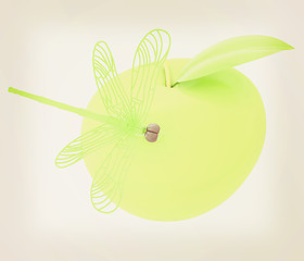 Image showing Dragonfly on apple. 3D illustration. Vintage style.