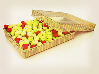 Image showing Wicker basket full of apples isolated on white. 3D illustration.