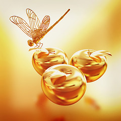 Image showing Dragonfly on gold apples. 3D illustration. Vintage style.