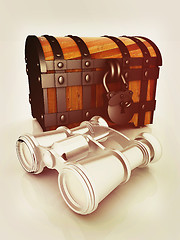 Image showing binoculars and chest. 3D illustration. Vintage style.