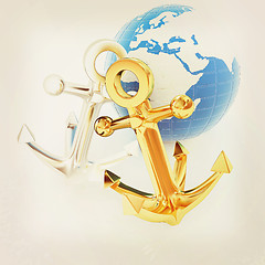 Image showing anchors and Earth. 3D illustration. Vintage style.