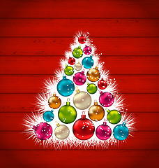 Image showing Abstract Christmas tree and colorful balls on wooden background