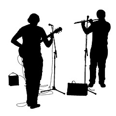 Image showing Silhouettes musicians plays the guitar and flute.