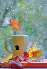 Image showing Tea cup at the window with  leaves and drops