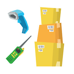 Image showing Cardboard boxes, barcode scanner and radio set.