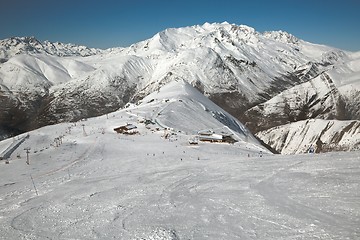 Image showing Skiing slopes, majestic Alpine landscape