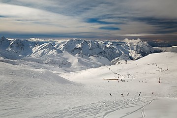 Image showing Skiing slopes, majestic Alpine landscape