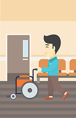 Image showing Man pushing wheelchair vector illustration.