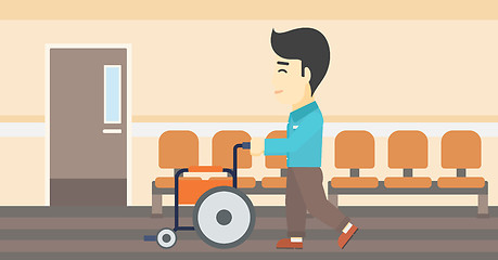 Image showing Man pushing wheelchair vector illustration.