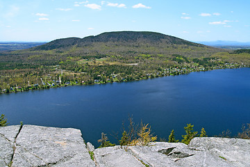 Image showing View from the mountain over beautiful lake