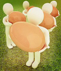 Image showing 3d small persons holds the big Easter egg in a hand. 3d image. O