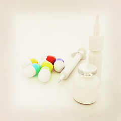 Image showing Syringe, tablet, pill jar. 3D illustration. 3D illustration. Vin