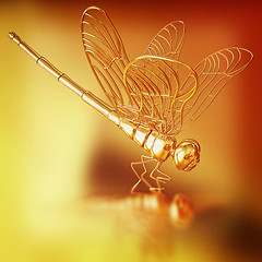Image showing Gold dragonfly on a gold background. 3D illustration. Vintage st