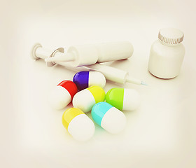 Image showing Syringe, tablet, pill jar. 3D illustration. 3D illustration. Vin