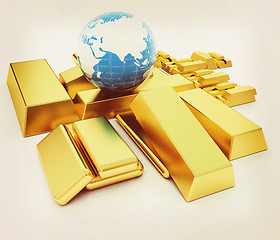 Image showing Earth and gold bars. 3D illustration. Vintage style.