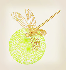 Image showing Dragonfly on abstract design sphere. 3D illustration. Vintage st