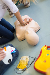 Image showing First aid resuscitation course using AED.