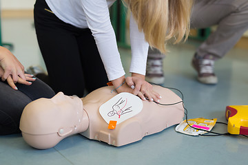 Image showing First aid resuscitation course using AED.