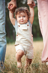 Image showing Young beautiful father, mother and little toddler son against green trees