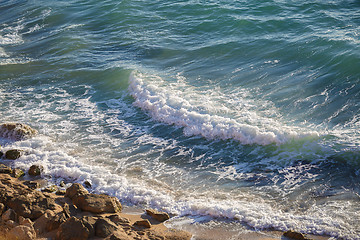 Image showing Beautiful marine nature on sunny day, waves and stones